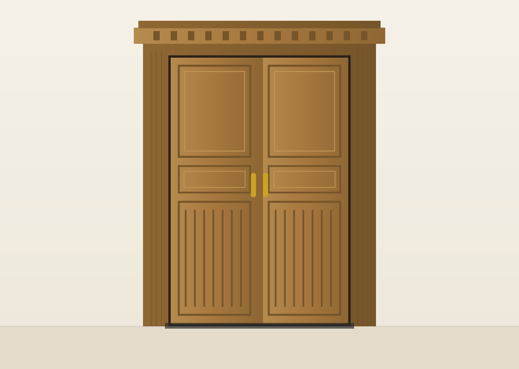 Illustration of a panelled wooden doorway with fluted lower panels and a brass handle.