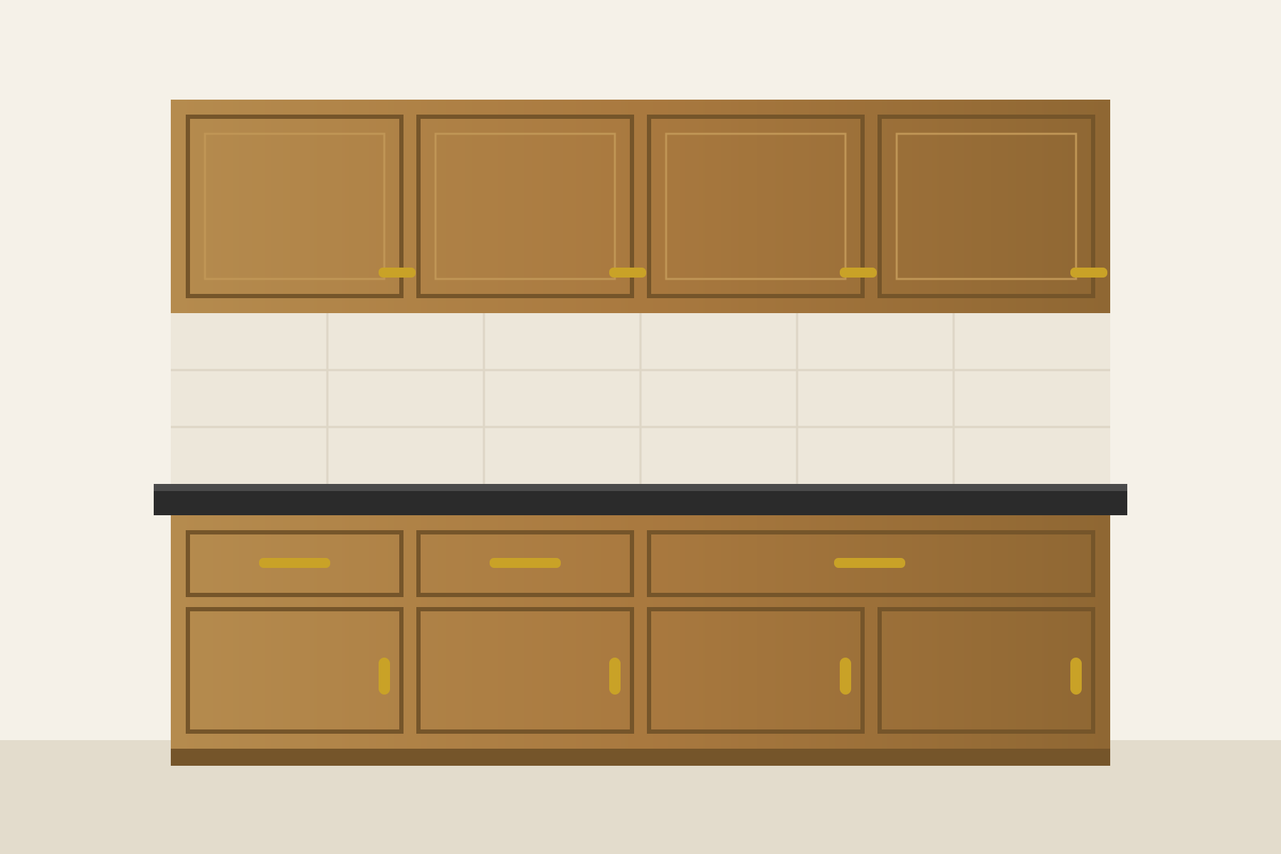 Illustration of a fitted kitchen — wooden wall and base cabinets with brass handles, a tiled splashback, and a dark worktop.