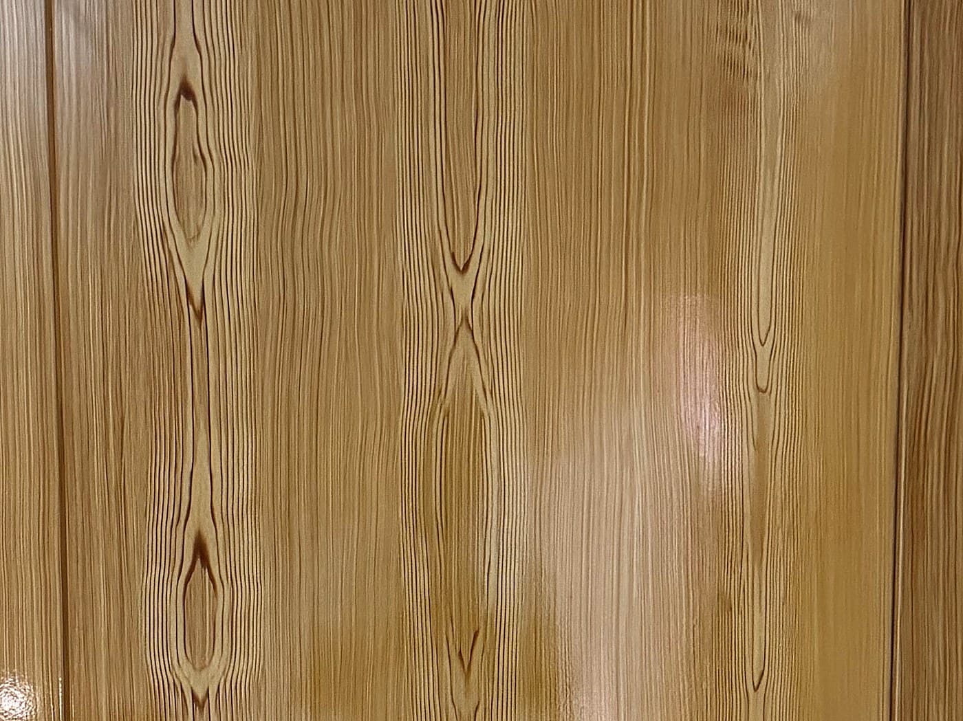 Close-up of the wood grain on a door's upper panel, made in Okara.