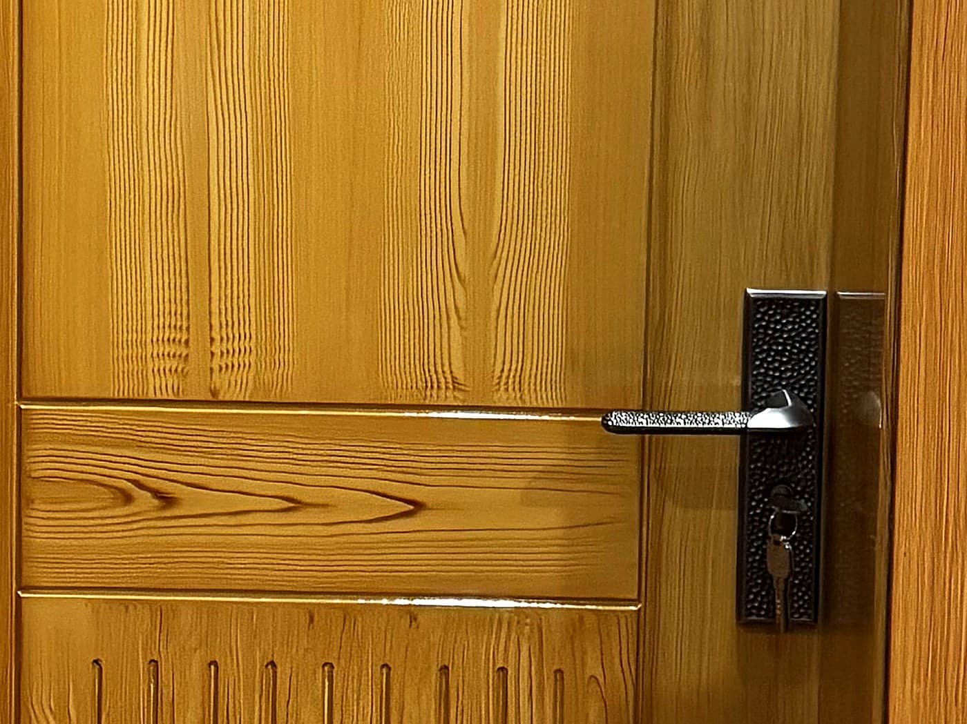 Brass handle and rail detail on a wooden door made in Okara.